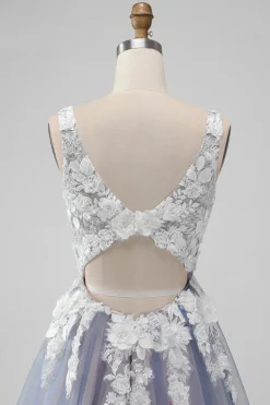Elegante cinza rosa uma linha V pescoço flores curto homecoming vestido com pérola