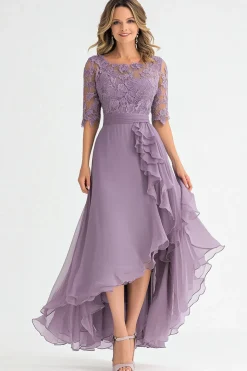 Elegante cinza roxo uma linha tule mãe de vestido de noiva com babados