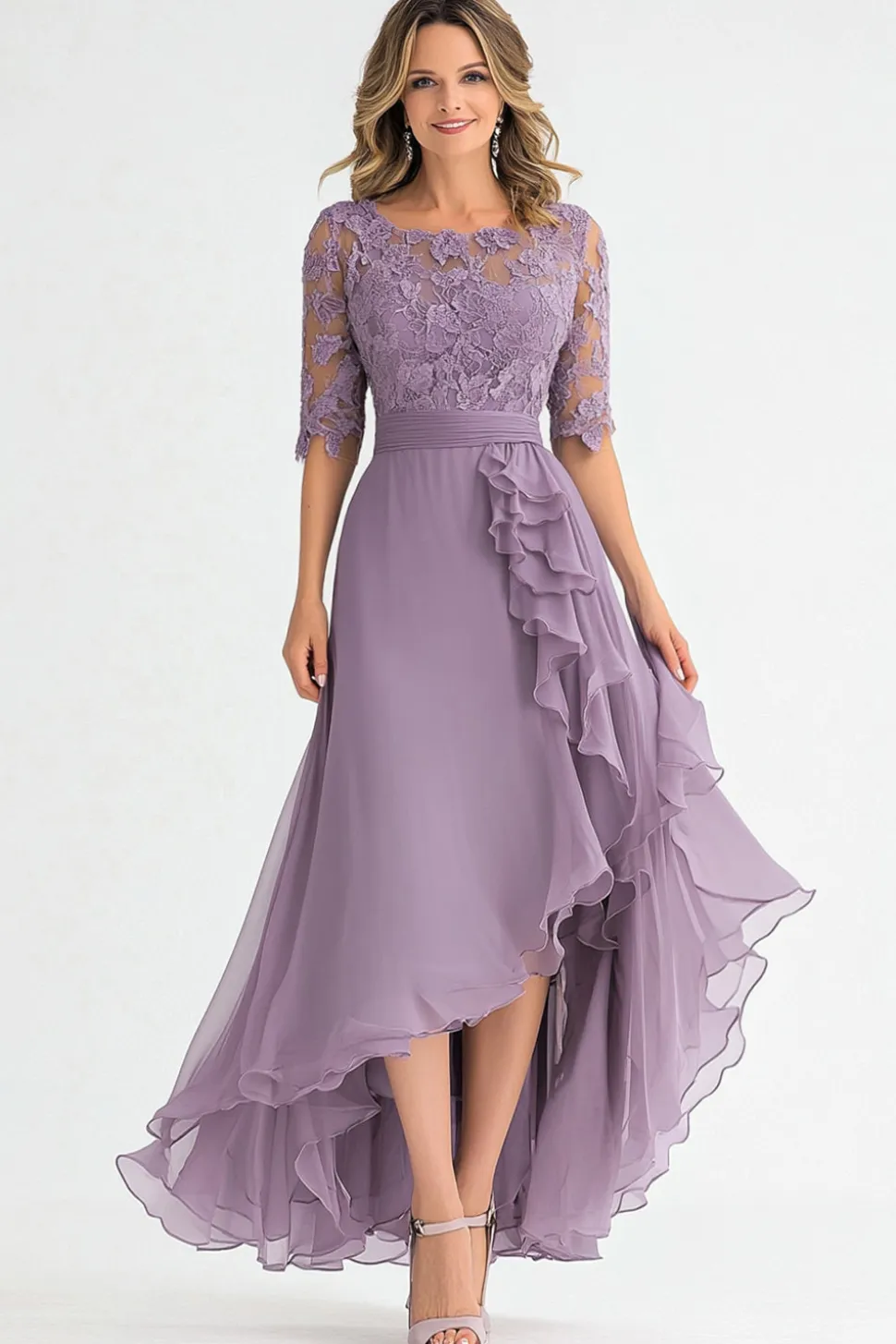 Elegante cinza roxo uma linha tule mãe de vestido de noiva com babados