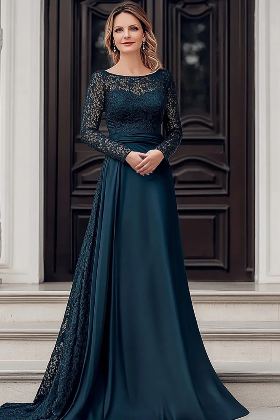 Elegante Colher Marinha Uma Linha de Laço de Cetim Mãe do Vestido da Noiva com Mangas Longas