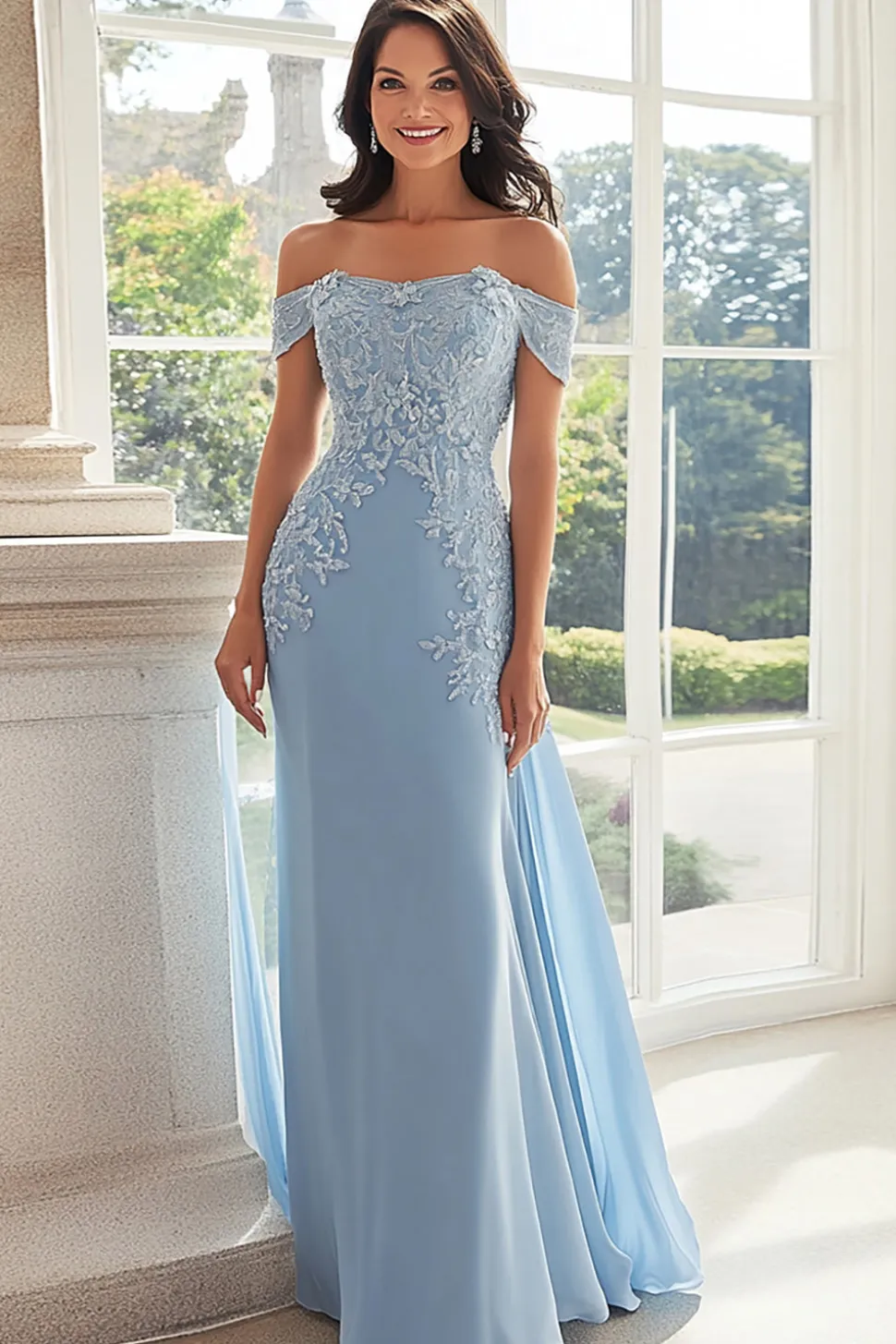 Elegante Céu Azul Fora do Ombro Chiffon Bainha Longa Mãe da Noiva com Apliques de Renda