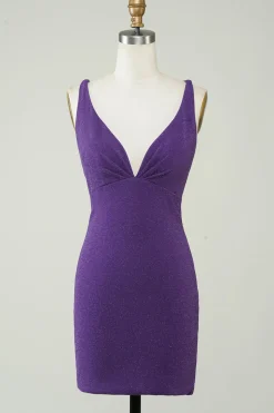 Elegante Deep V Neck Purple Vestido Curto Homecoming com Criss Cross Back