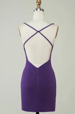 Elegante Deep V Neck Purple Vestido Curto Homecoming com Criss Cross Back
