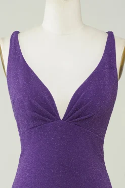 Elegante Deep V Neck Purple Vestido Curto Homecoming com Criss Cross Back