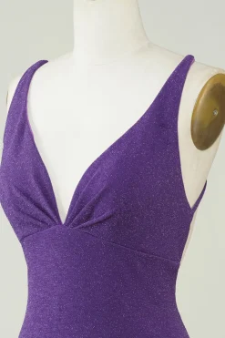 Elegante Deep V Neck Purple Vestido Curto Homecoming com Criss Cross Back