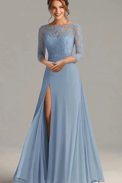 Elegante Dusty Blue A-Line Scoop Long Chiffon Mãe Do Vestido da Noiva com Apliques de Renda