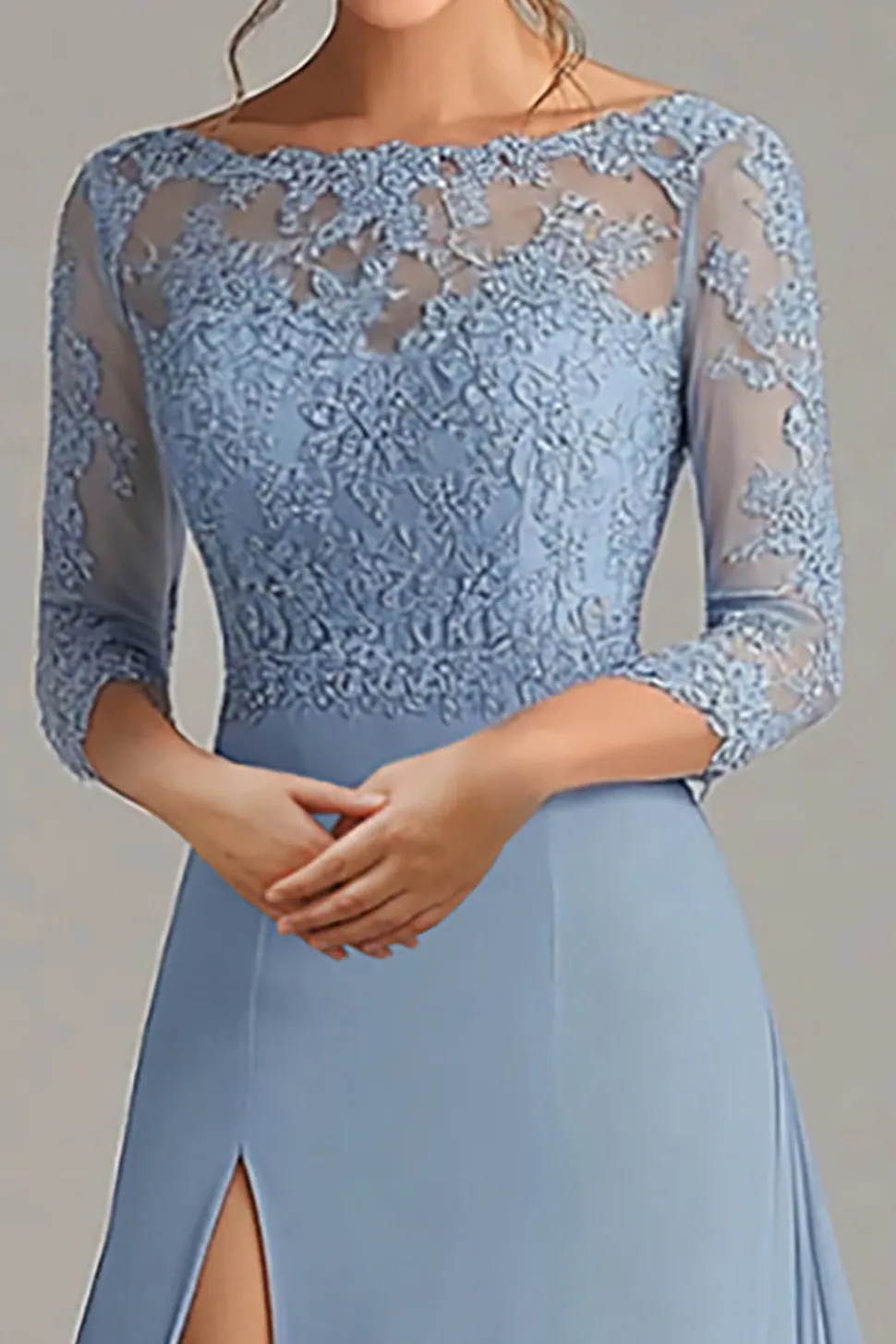 Elegante Dusty Blue A-Line Scoop Long Chiffon Mãe Do Vestido da Noiva com Apliques de Renda