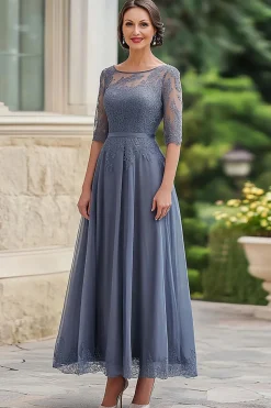 Elegante Dusty Blue Lace Vestido da Mãe da Noiva com Meias Mangas