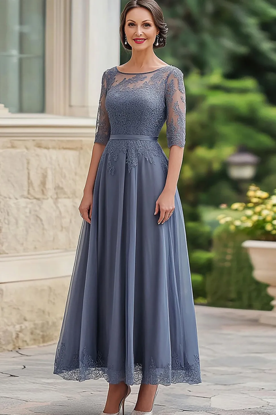 Elegante Dusty Blue Lace Vestido da Mãe da Noiva com Meias Mangas