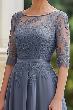 Elegante Dusty Blue Lace Vestido da Mãe da Noiva com Meias Mangas