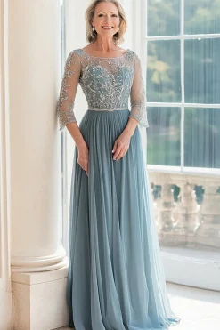 Elegante Dusty Blue Scoop A-Line Tule Longa Mãe da Noiva com Missangas