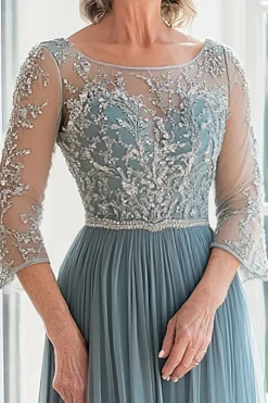 Elegante Dusty Blue Scoop A-Line Tule Longa Mãe da Noiva com Missangas