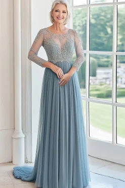 Elegante Dusty Blue Scoop Tulle Applique A-Line Long Mãe da Noiva