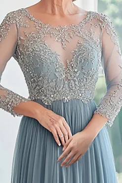 Elegante Dusty Blue Scoop Tulle Applique A-Line Long Mãe da Noiva