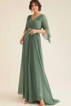 Elegante Eucalipto A-Line V-neck Ruched Long Chiffon Mãe Do Vestido da Noiva com Meias Mangas