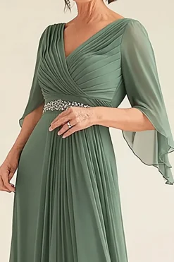 Elegante Eucalipto A-Line V-neck Ruched Long Chiffon Mãe Do Vestido da Noiva com Meias Mangas