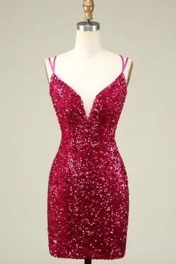 Elegante Fúcsia espaguete correias apertado Homecoming Dress