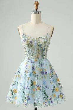 Elegante Flor Azul Uma Linha Corset Short Homecoming Dress com Bordado
