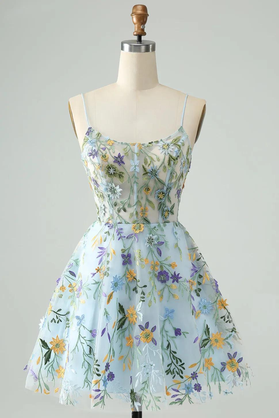 Elegante Flor Azul Uma Linha Corset Short Homecoming Dress com Bordado
