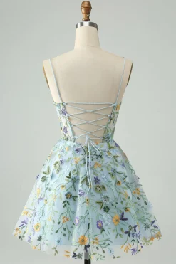 Elegante Flor Azul Uma Linha Corset Short Homecoming Dress com Bordado
