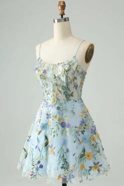 Elegante Flor Azul Uma Linha Corset Short Homecoming Dress com Bordado