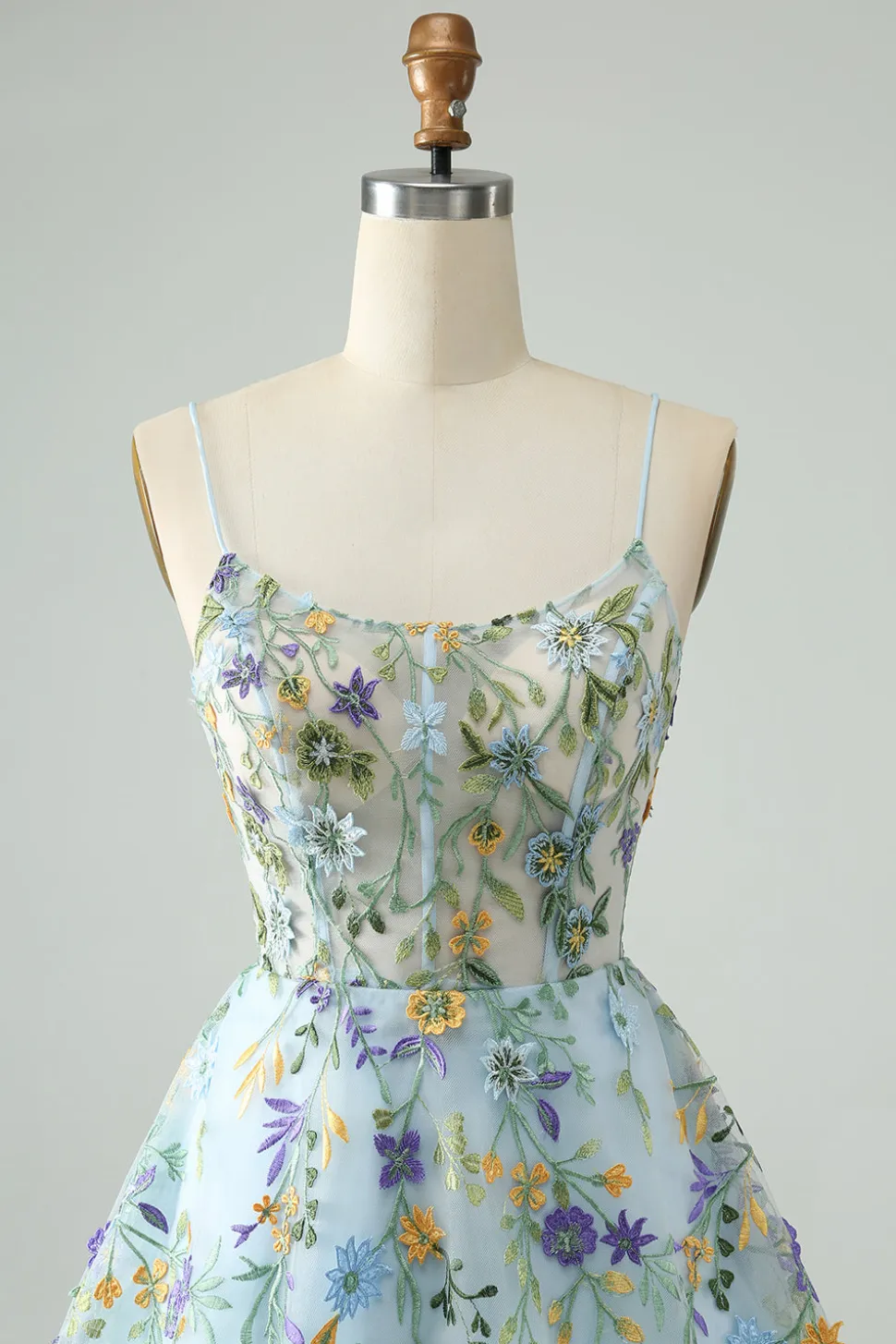 Elegante Flor Azul Uma Linha Corset Short Homecoming Dress com Bordado