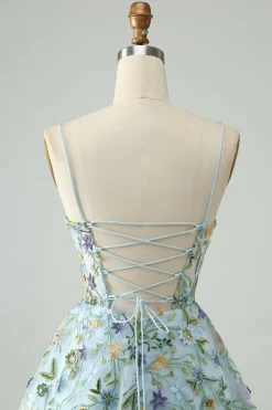 Elegante Flor Azul Uma Linha Corset Short Homecoming Dress com Bordado