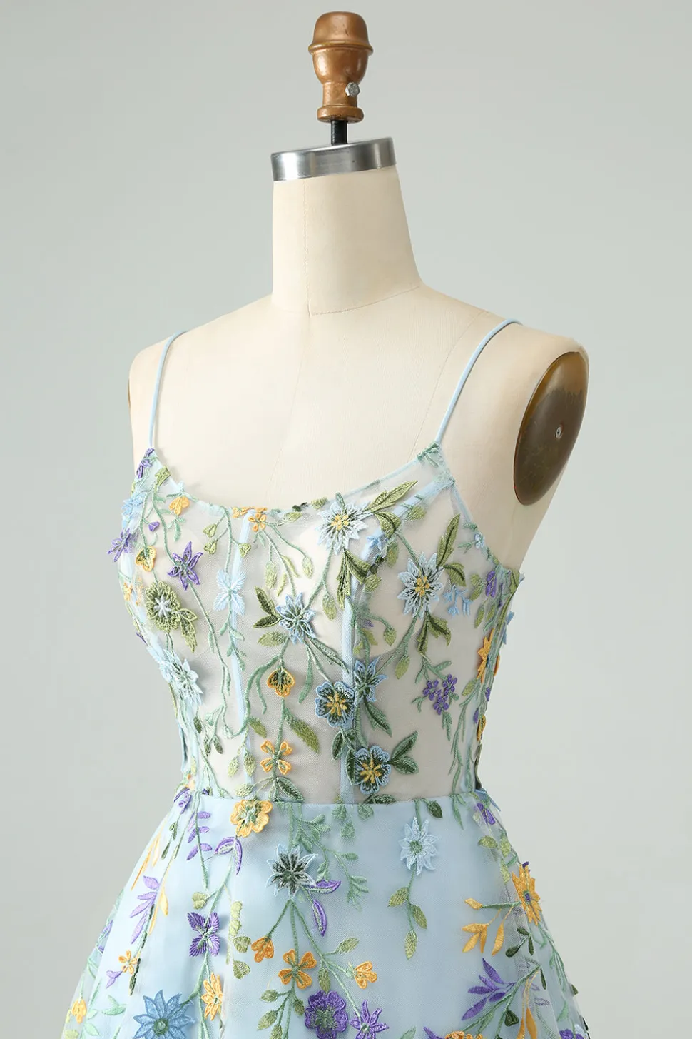 Elegante Flor Azul Uma Linha Corset Short Homecoming Dress com Bordado