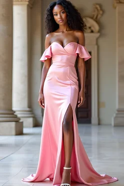 Elegante fora do ombro rosa cetim longo vestido de baile com fenda