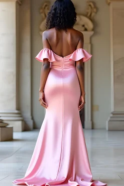 Elegante fora do ombro rosa cetim longo vestido de baile com fenda