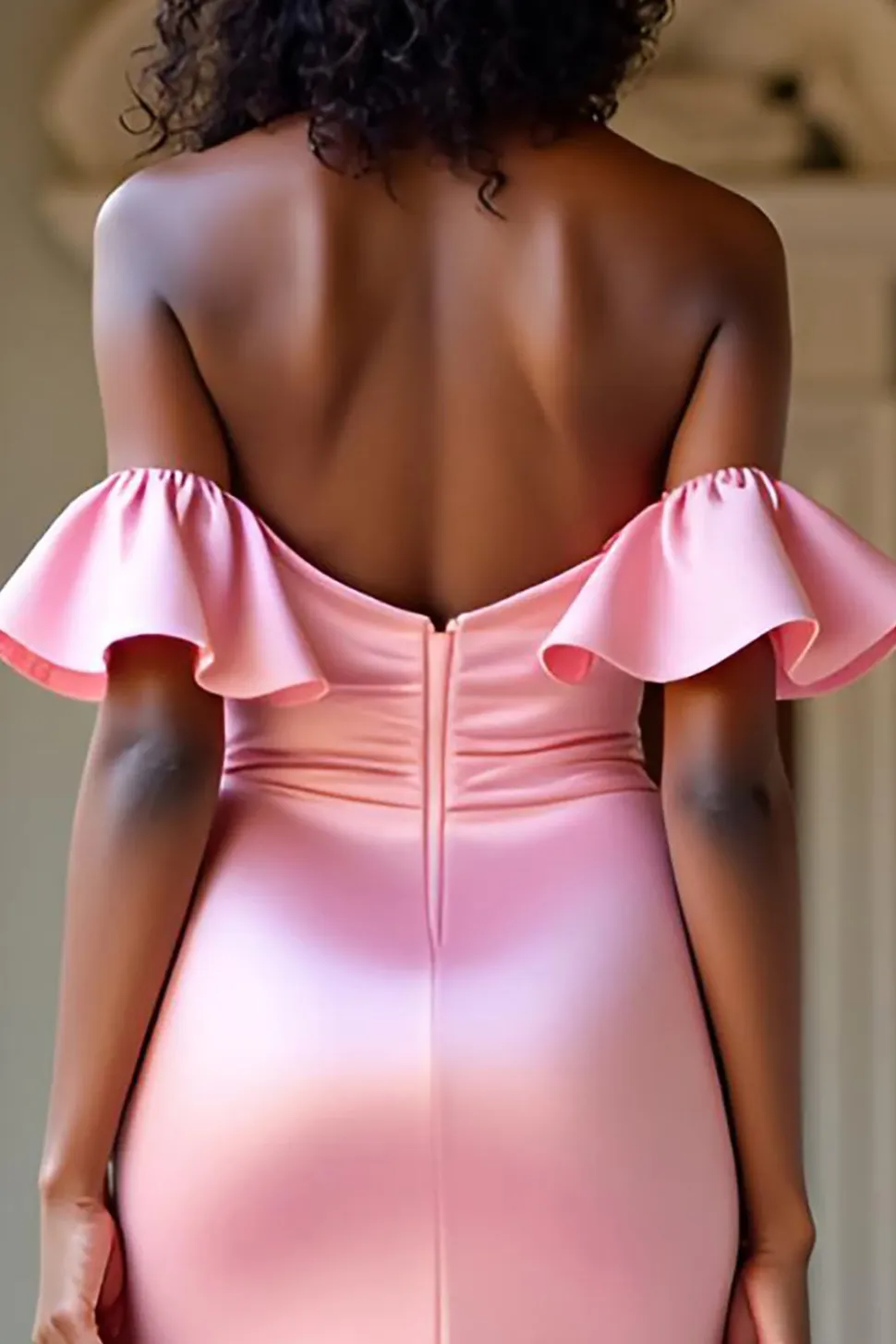 Elegante fora do ombro rosa cetim longo vestido de baile com fenda