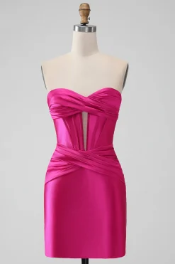 Elegante Fuchsia Bodycon Querida Cetim Corset Short Homecoming Dress