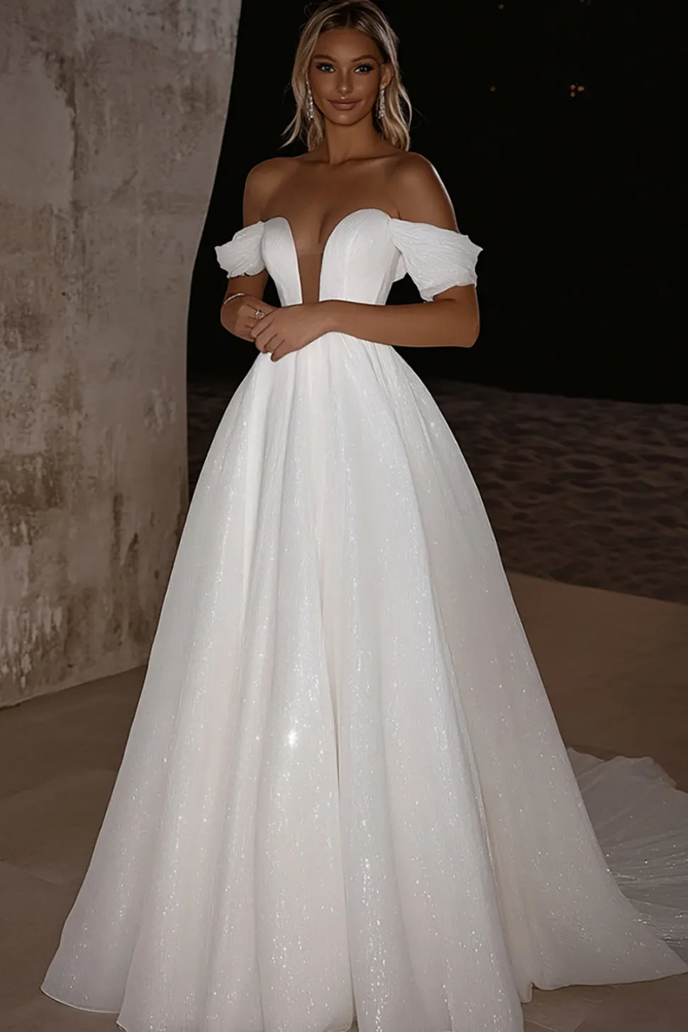 Elegante glitter marfim fora do ombro A-Line vestido de noiva longo