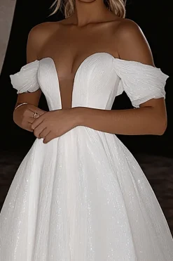 Elegante glitter marfim fora do ombro A-Line vestido de noiva longo