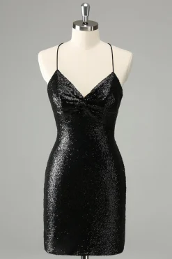 Elegante Glitter Preto Sequins Tight Halter Homecoming Dress com Lace Up Back