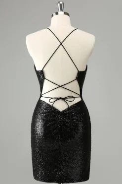 Elegante Glitter Preto Sequins Tight Halter Homecoming Dress com Lace Up Back