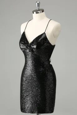 Elegante Glitter Preto Sequins Tight Halter Homecoming Dress com Lace Up Back