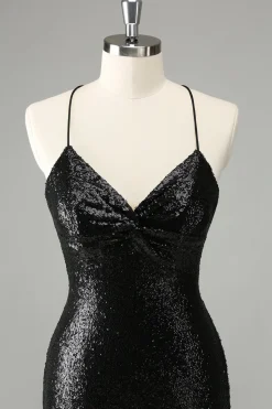 Elegante Glitter Preto Sequins Tight Halter Homecoming Dress com Lace Up Back