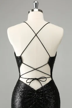 Elegante Glitter Preto Sequins Tight Halter Homecoming Dress com Lace Up Back