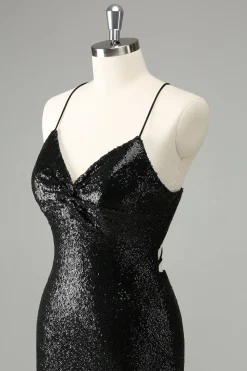 Elegante Glitter Preto Sequins Tight Halter Homecoming Dress com Lace Up Back