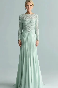 Elegante Hortelã Mãe da Noiva Manga Longa Appliques Vestido Com Renda