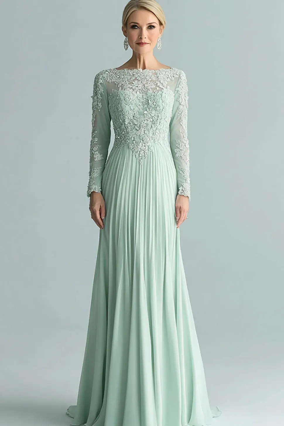 Elegante Hortelã Mãe da Noiva Manga Longa Appliques Vestido Com Renda