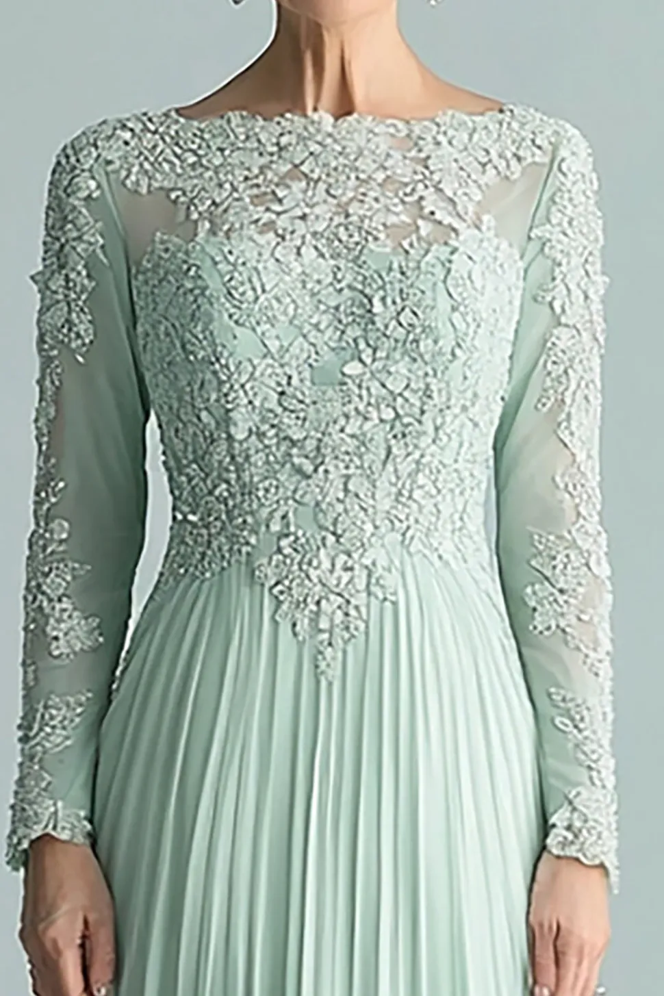 Elegante Hortelã Mãe da Noiva Manga Longa Appliques Vestido Com Renda