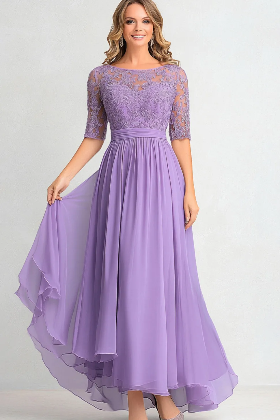 Elegante Lilás Uma Linha Barco Pescoço Mãe De Vestido De Noiva Com Apliques