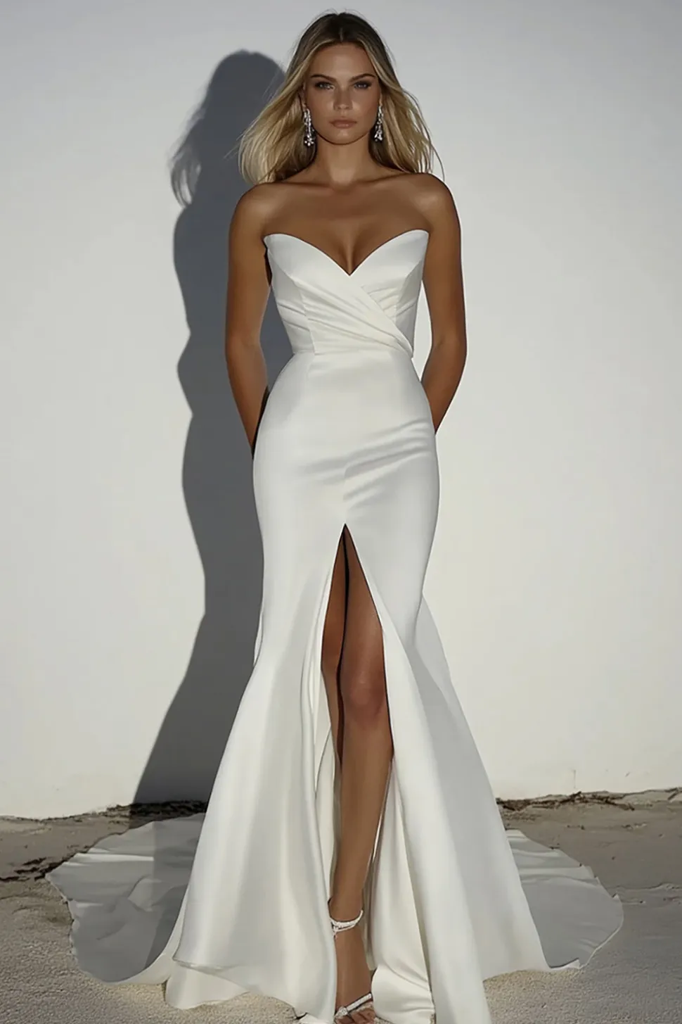 Elegante marfim cetim querida bainha frisada vestido de noiva longo com fenda