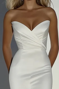Elegante marfim cetim querida bainha frisada vestido de noiva longo com fenda