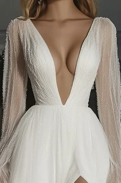 Elegante Marfim Deep V-neck A-Line Applique Tulle Vestido de Noiva Longo com Fenda