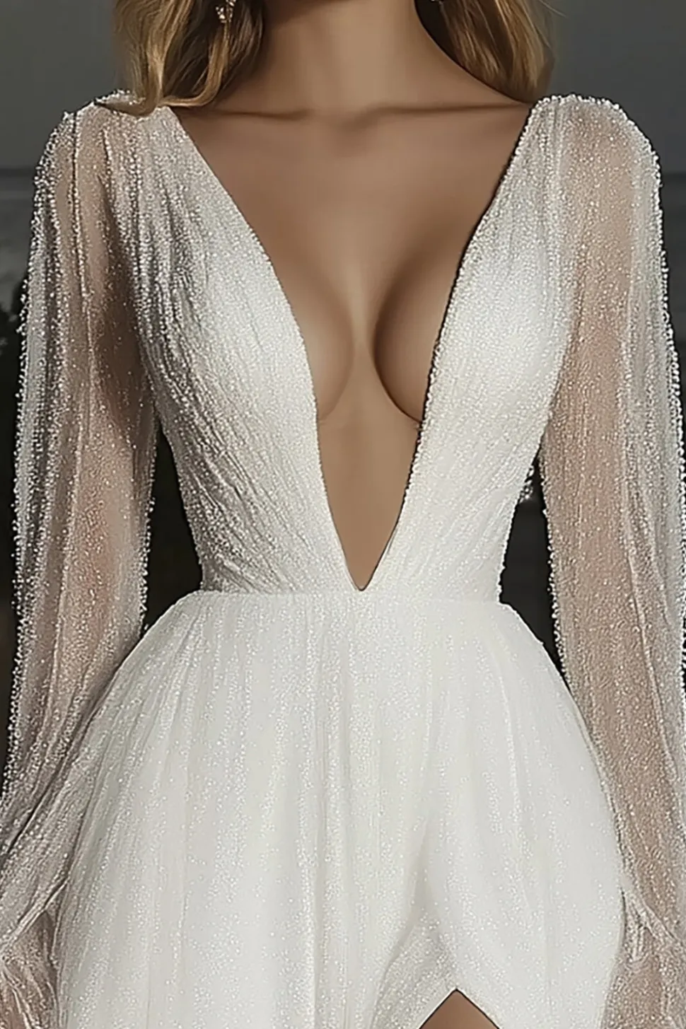 Elegante Marfim Deep V-neck A-Line Applique Tulle Vestido de Noiva Longo com Fenda