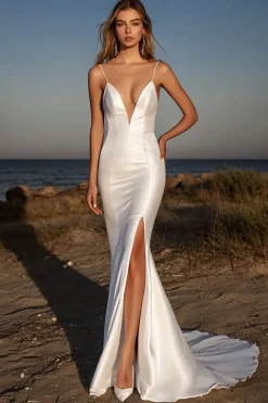 Elegante Marfim Esparguete Alças Sereia Vestido de Noiva Longo com Fenda