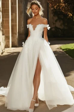 Elegante marfim floral fora do ombro tule A-Line Applique vestido de noiva longo com fenda